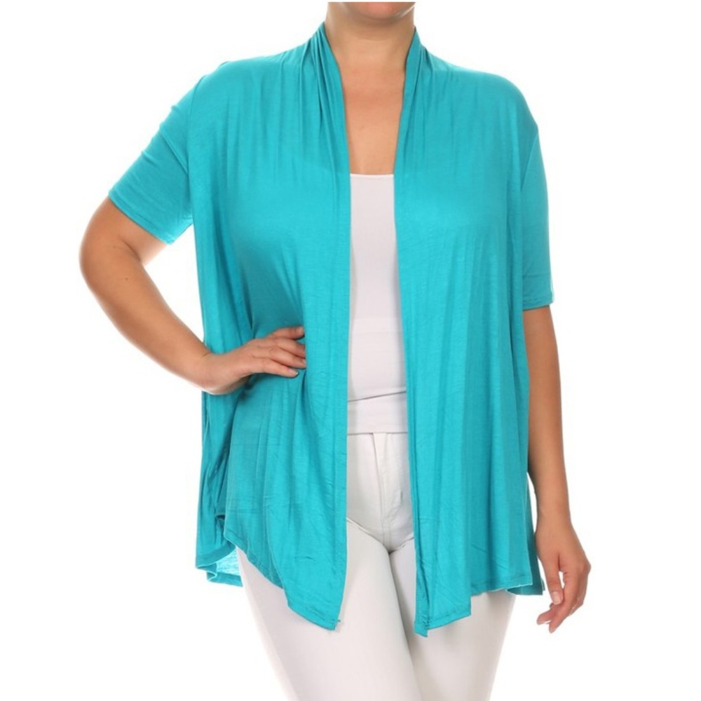 Plus Size Teal Short Sleeve Open Cardigan